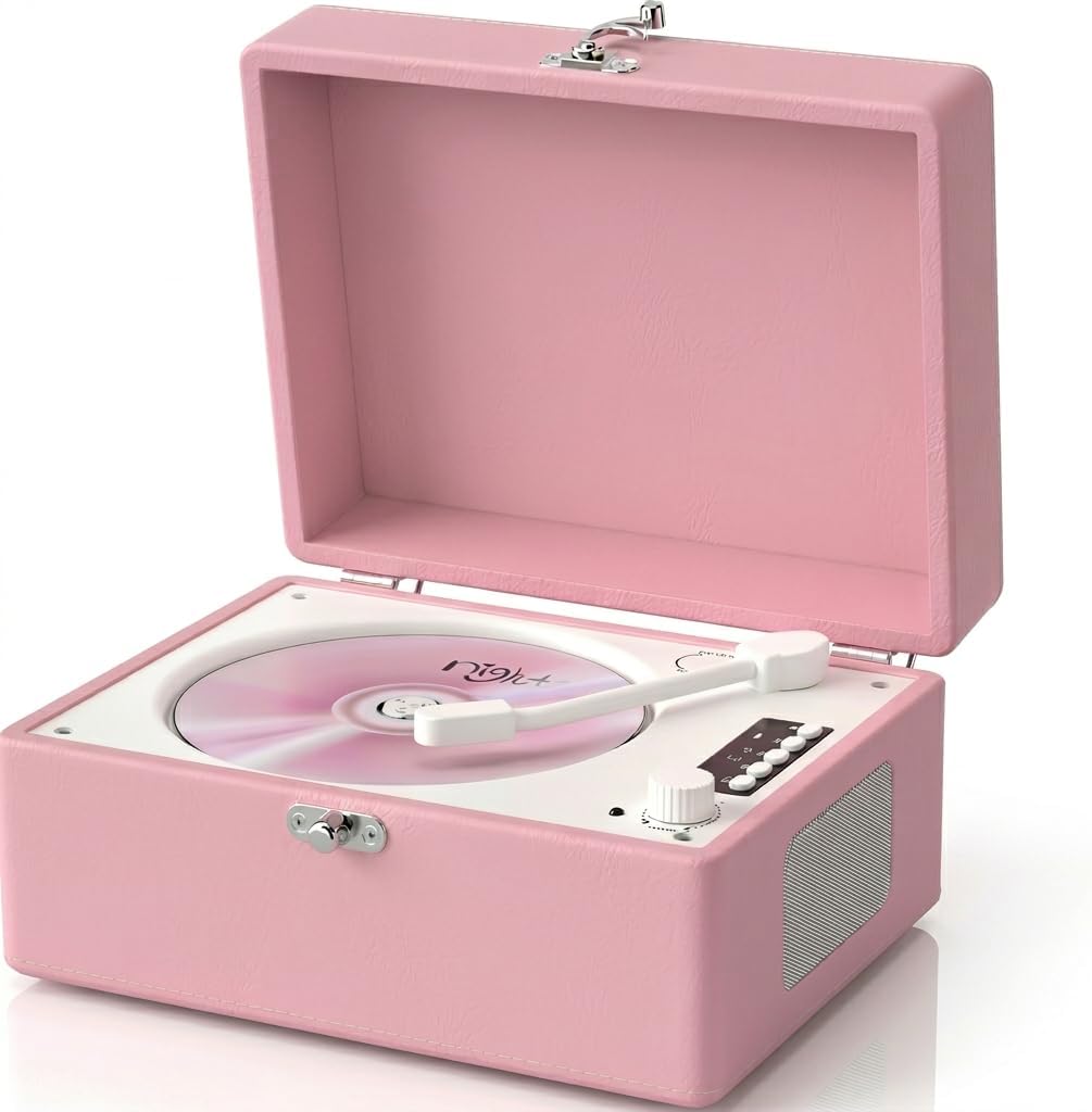 CD Player with Stereo Speakers, Wireless Bluetooth Input/Output Transmission, Rechargeable Battery, USB Retro CD Player Desktop for Home Party Decorations - Pink