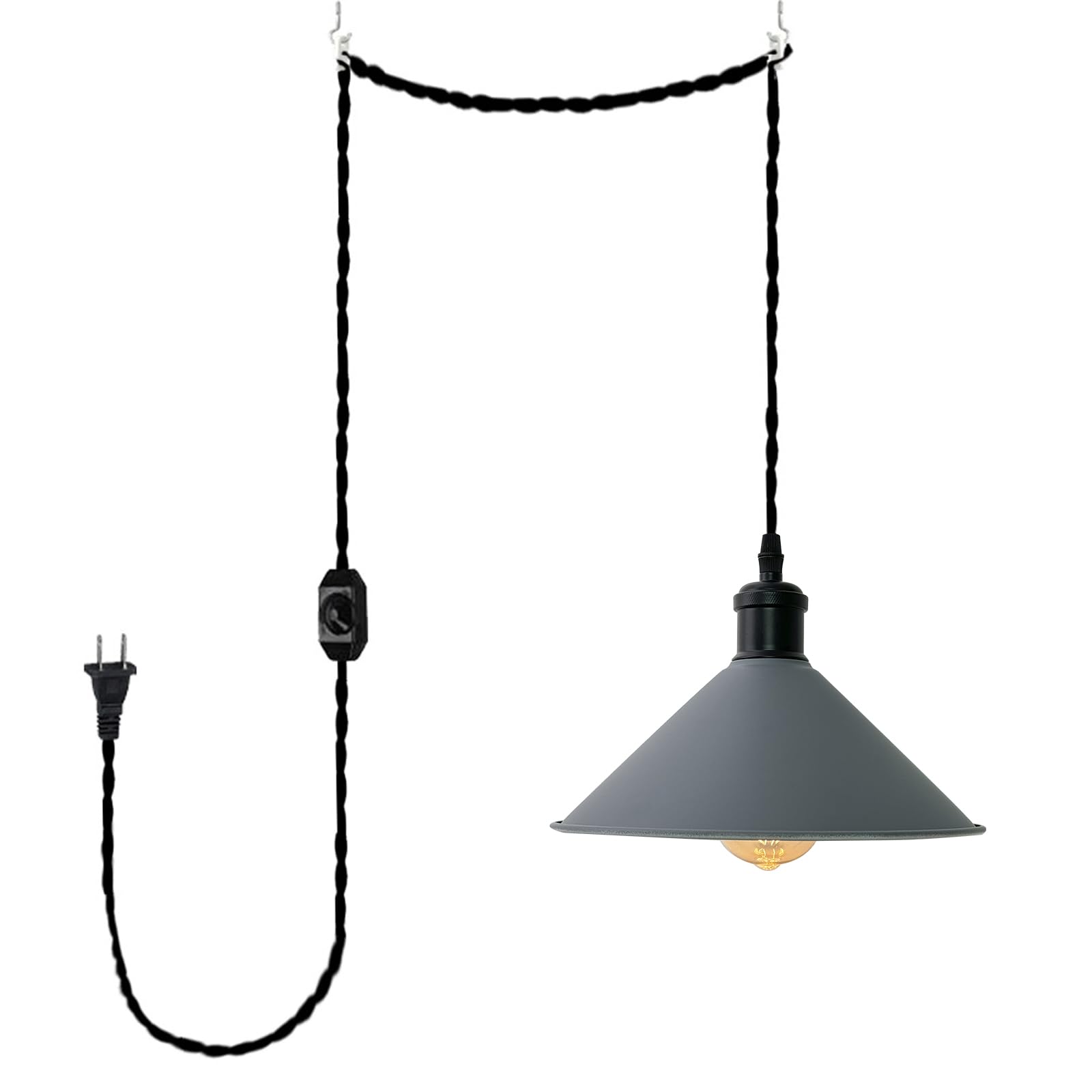 Industrial Design Plug in 15 Ft Dimmer Switch Black Cord E26 Base Macaron Grey Lampshade Metal Pendant Light Fixture for Bay-Window Loft Restaurant Laundry Room Bulb Not Included
