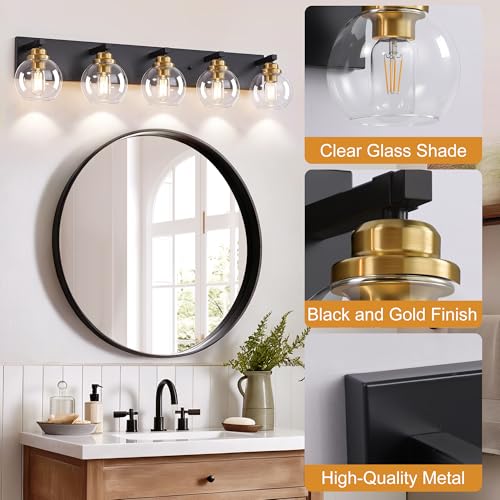 Image of LmnLvn Bathroom Light Fixtures, Farmhouse Black & Gold Metal with Globe