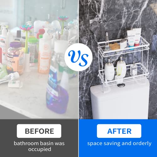 Vireesr Over The Toilet Storage Shelf, 1/2/3 Tier Bathroom Metal Storage Organizer Punch-Free Toliet Storage Shelf, Home Storage Rack With Hooks (2 Tier, White) #TOP1