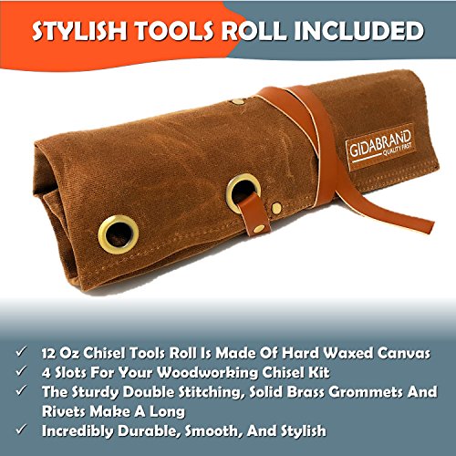 Professional Wood Chisel Set with Tools Roll Bag – Carving & Woodworking Equipment with Chrome Vanadium Steel Blades & Ergonomic hardwood Handles – Sizes 6mm, 13mm, 18mm, 24mm (1/4”, 1/2”, 3/4”, 1”)