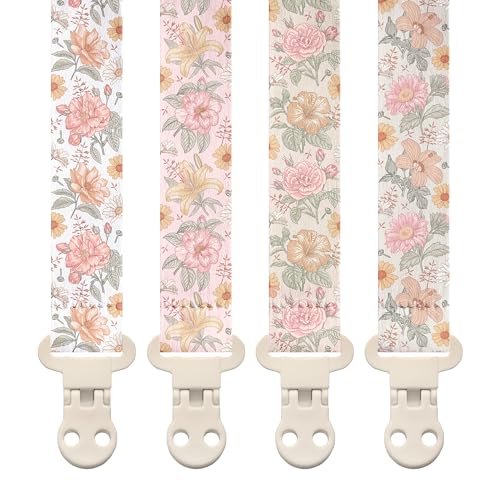 Image of Stadela Baby Fabric Pacifier Clip Holder, Plastic Clip, 4‑Pack, Flowers Pattern, Lilly Set