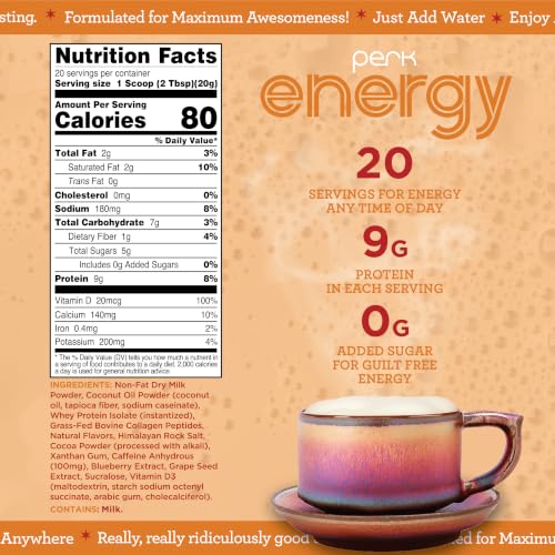 Image of Perk Energy Drink Mix (Vanilla Caramel Steamer) 20 Servings - Caffeinated Healthy Coffee Alternative with Protein, 100mg of Caffeine, Gluten-Free, Soy-Free, Peanut-Free