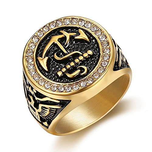 Gold Ring Rings for Men Gold Plated Rings Cool Ring Vintage Stainless Steel Ring Menâ€™s Band Rings Boat Anchor Ring Cubic Zircon CZ Ring Signet Ring Rock Ring Punk Ring Mens Rings for Boys Father (8)