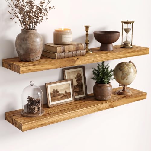 Image of Fun Memories 30 inch Wall Mounted Floating Shelves, Natural Elm Wood, 2 Pack