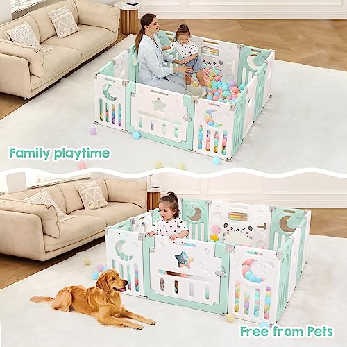 Baby Playpen, Dripex Baby Playard for Babies and Toddlers, 14-Panel Foldable Playpen Adjustable Portable Play Area, Indoor/Outdoor Kids Active Center with Game Panel & Safety Gate, Light Green White