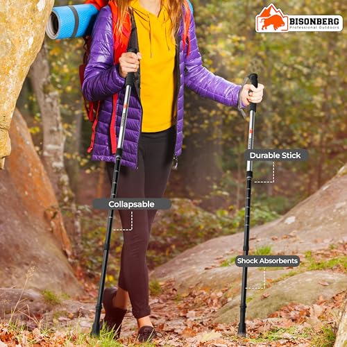 Image of BISONBERG Aluminum Trekking Pole, 65-130 cm Adjustable Height, Collapsible, Lightweight, Anti Shock, Multicolour, Hiking or Walking Sticks with in-Build Compass
