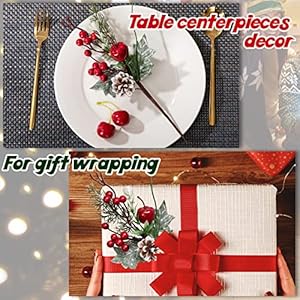 Artificial christmas picks 12 pcs 12 pine branches red berry twig stems pinecones holly snow flocked spray flowers for christmas tree wreath floral arrangement winter holiday season decor  urban country home decor