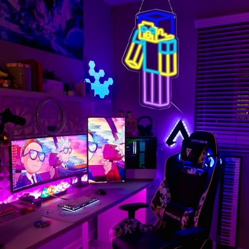 Image of WonderfulLife Game Neon Sign for Playroom Decor,Block Man Led Lights for Man Cave Gaming Room Internet Bar or Bedroom Decoration.5V USB Powered,Easy Hanging.
