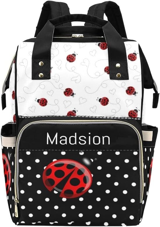 Personalized Diaper Bag Backpack Name Red Black Ladybug Polka Dot Clear Up Clutter: Big Capacity Waterproof Bag with Extra Compartments