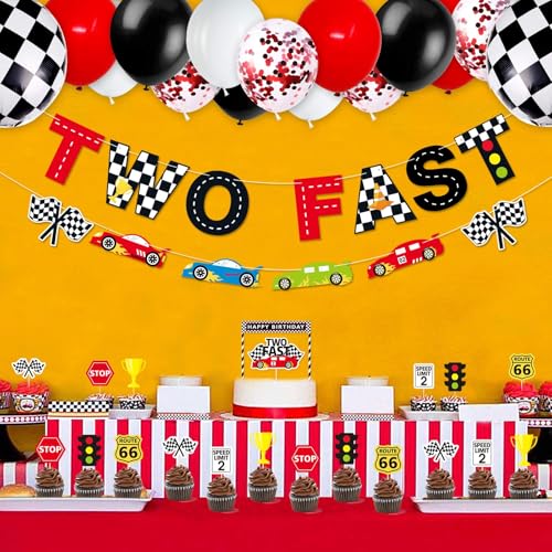 Bessmoso Two Fast Race Birthday Decorations 52 Pcs Racing Car Party Supplies 2nd Fast Birthday Decorations Include Race Car Balloons Banner Cake Topper Cupcake for Racing Theme Party Decoration - image 6