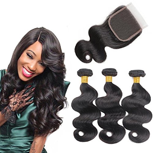 Brazilian Human Hair Bundles with Closure Body Wave 3 Bundles Unprocessed Virgin Hair Extensions Human Hair Natuarl Color( 20 22 24 with 16 Inch Closure)