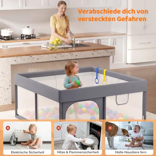 Dripex Laufstall Baby mit Matte, Laufgitter Baby 124×124cm, Hellgrau – Ansicht 9