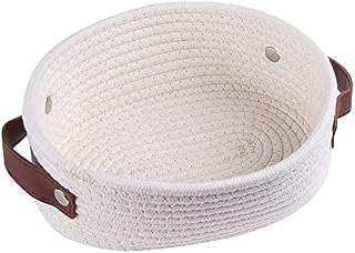 Small Rope Basket Storage Baskets Woven with Leather Handle Oval Coil Blanket Basket for Fruit Plant Kids Baby Dog Toy Gifts Bathroom