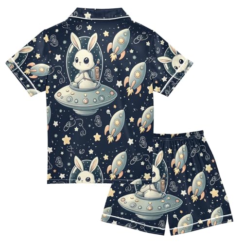 ALAZA Lovely Space Rabbit Pajamas Satin Pajama Set Short Sleeve Button Down Sleepwear2