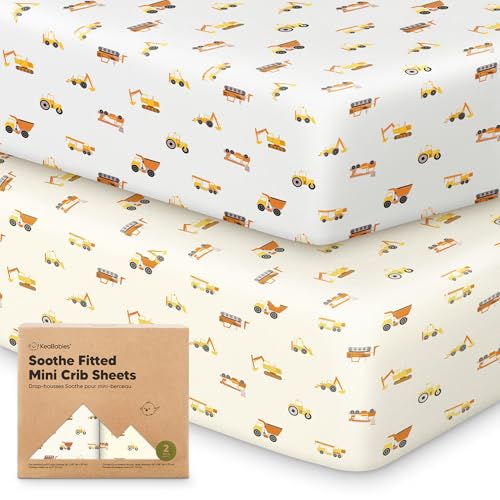 Image of 2-Pack Mini Crib Sheets Fitted - 38x26 Pack N Play Sheets for Pack and Play Mattress, Organic Cotton, Soft & Breathable Playard Bedding, Neutral Mini Toddler Bed Cover for Boys, Girls (Construction)