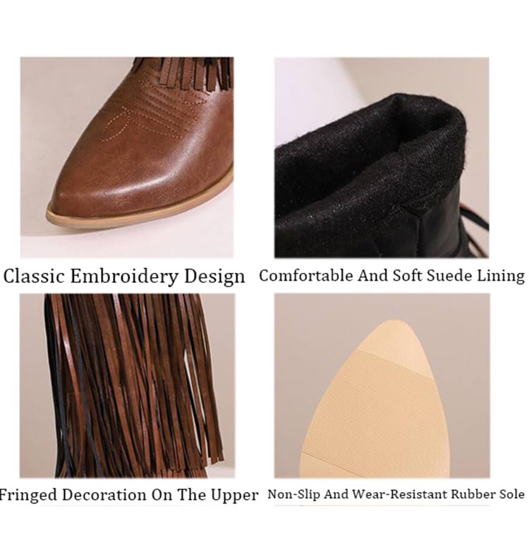 Women'S Leather Low Block Heel Tassel Western Cowboy Boots Classic Pointed Toe Embroidery Tassel Pull On Chunky Heels Mid Calf Boots For Parties Prom2