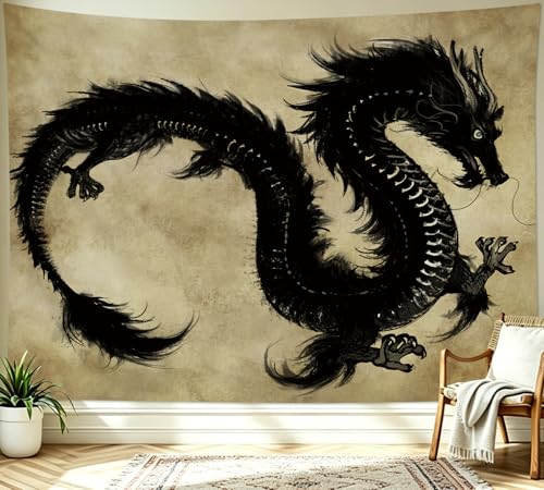 LB Dragon Tapisserie Noir Animal Légendaire Ancien Chinois Tenture Murale pour Salon Chambre Dortoir Murale Décoration,Fête Contexte,150x100cm