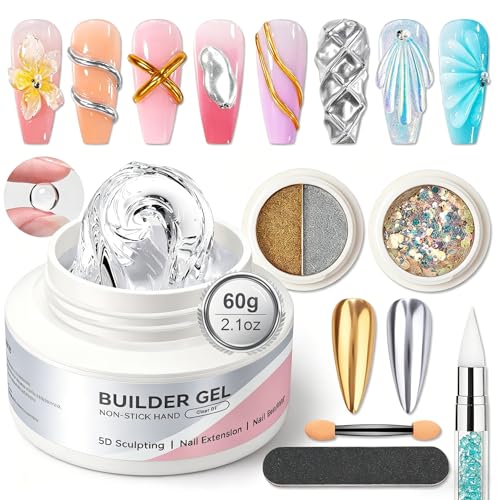 BORN PRETTY Solid Hard Builder Gel for Nails 60g Large Capacity Professional 3D Sculpting & Extension Gel with Sequins & Chrome Powder Non-Sticky Soak Off Formula for Home and Salon Nail Art