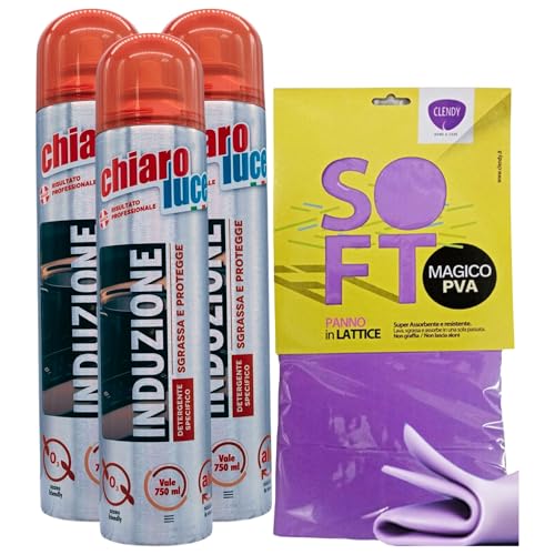 3x Chiaro Luce Detergente Specifico per Piano Cottura a Induzione e Vetroceramica, Efficace Contro lo Sporco, Non graffia e Lascia la Superficie Brillante e Protetta + OMAGGIO 1 Panno Magic in Lattice