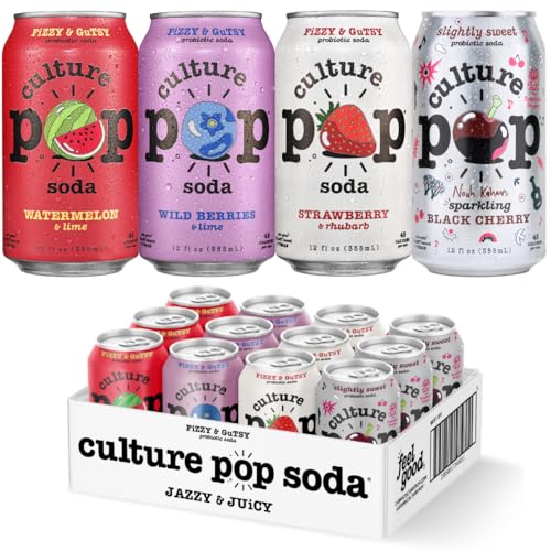 Culture Pop Soda, Jazzy & Juicy Variety Pack, Probiotic Low Sugar Soda, Sparkling Juice Alternative, Non-GMO, Kosher, Gluten-Free, No Stevia (Multipack, 12ct, 144 fl oz)