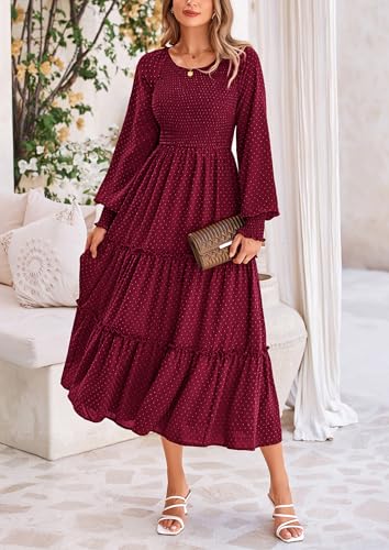 PRETTYGARDEN Women's Smocked Maxi Dress 2025 Fall Casual Long Sleeve Swiss Dot Ruffle Long Flowy Wedding Guest Dresses2