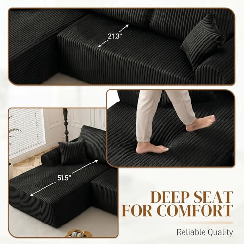 Image of 110 inch L Shaped Boneless Sectional Couches for Living Room, Comfy Corduroy Floor Cloud Sofa with Chaise, Wide Armrest, Deep Seat, Memory Foam, Assembly Free, Ideal for Small Spaces, Black