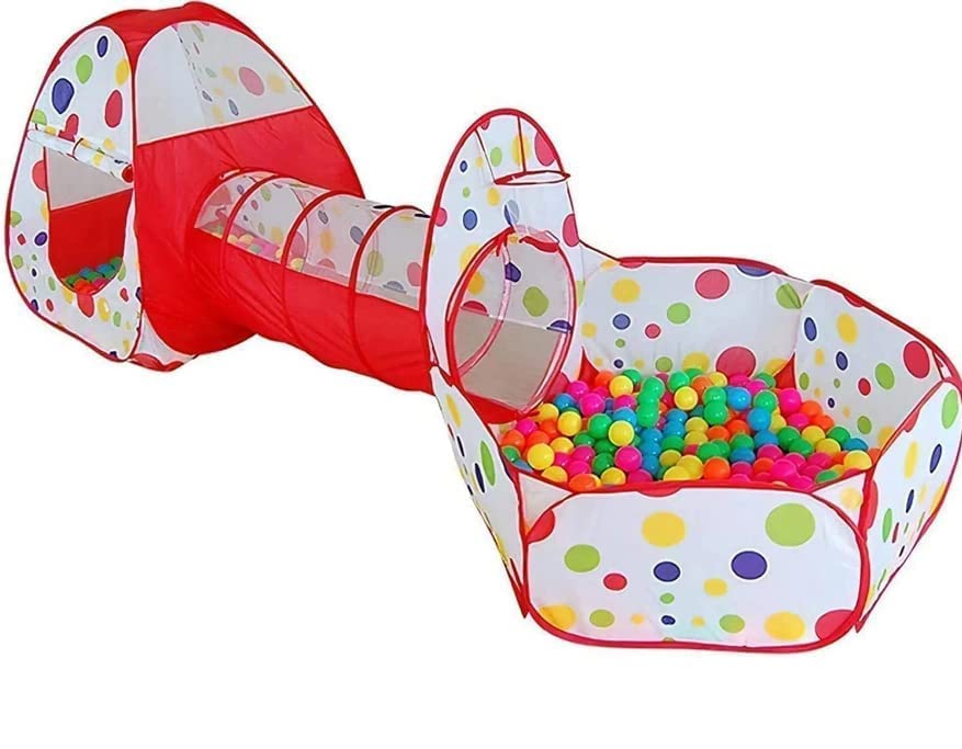 WELL ENTERPRISE Portable Kids 3-in-1 Colorful Dotted Theme Tunnel Playhouse Ball Pool Ball Pit Tent Summer Indoor Outdoor Play Fun Toy (Ball Included) (Multi Color)