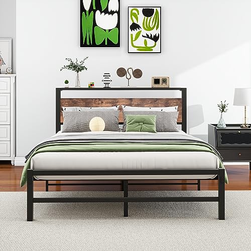 VERFARM Base de cama doble de metal de 135 x 190 cm, base de cama de 135 x 190 cm, soporte de listones de acero resistente, fácil montaje, sin ruido, marrón vintage