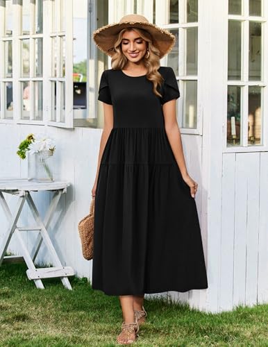 Image of Zeagoo Summer Dresses for Women 2026 Maxi Bohemian Floral Short Sleeve Long Dress Casual Flowy Tired Beach Sundress