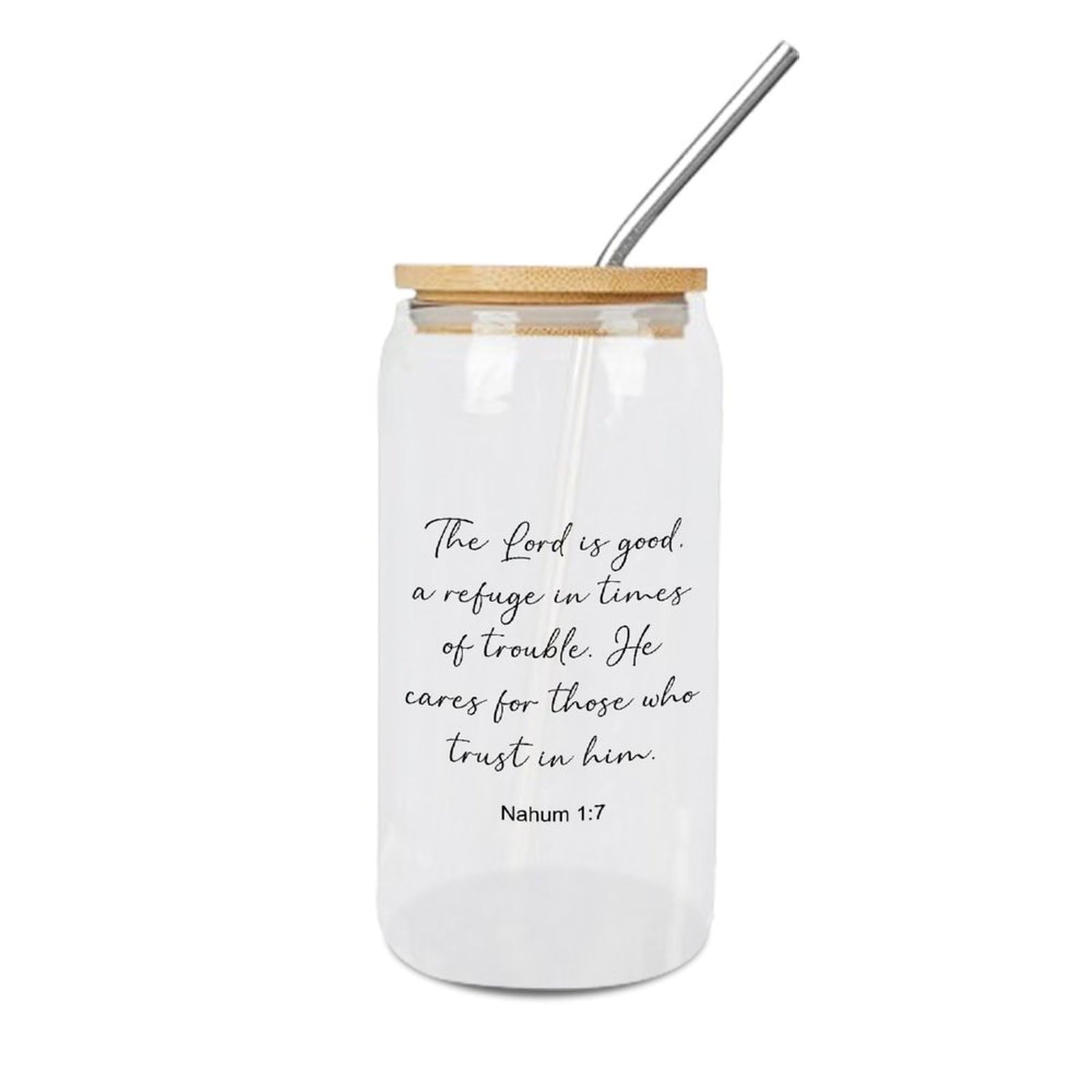 Luckluccy Glass Cup with Lid And Straw The LORD Is Good, A Refuge in Times of Trouble. He Cares for Those Who Trust in Him.Nahum 1 : 7 Glass Cup Drinking Glasses Cups Great For Tea Water 16 OZ