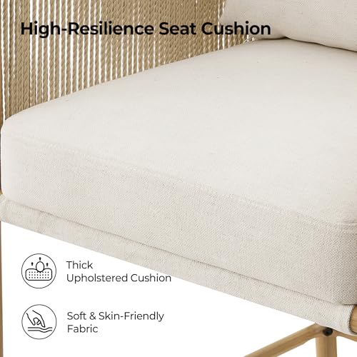 Image of CHITA Boho Rope Counter Height Bar Stools Set of 2, Modern Upholstered Bar Stools with Handwoven Rope Armrests, Metal Frame with Wood-Grain Finish, 26.4 inch Seat Height, Cream