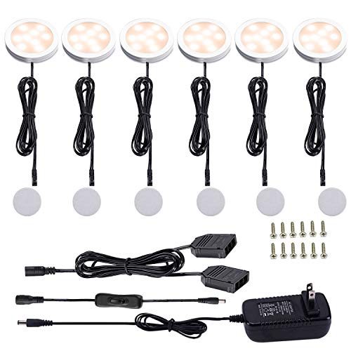 AIBOO 12V LED Under Cabinet Lights Kit 6 Pack Black Cord Aluminum Puck Lamps for Kitchen Counter Closet Lighting with Manual on/Off Switch 12W 6 Lights (2700K Warm White)