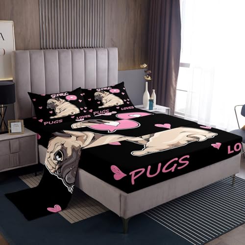 Girls Pug Sheet Set Women Cute Cartoon Puppy Dog Bed Sheet Set for Children Women Bedroom Funny Pet Animal Decor Bedding Set Pug Dog Lover Sheets King Size with 2 Pillow Case