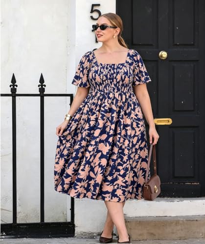 Image of RITERA Plus Size Dresses for Curvy Women Square Neck Short Sleeve Summer Floral Smocked Maxi Dress with Pocket XL-5XL