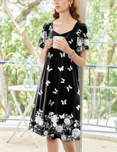 Image of Ekouaer Women's House Dress - Pleated Nightgown with Short Sleeves & Pockets