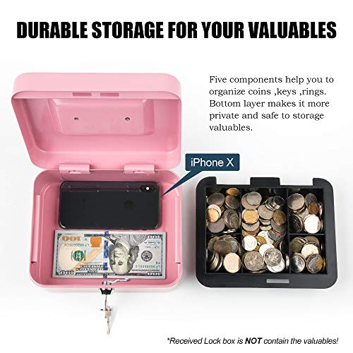 Image of Kyodoled Medium Cash Box with Money Tray,Small Safe Lock Box with Key,Cash Drawer,7.87 inchx 6.30 inchx 3.54 inch Pink Medium