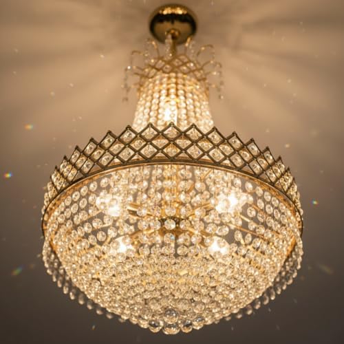 Image of DREAMY DESIGNS Round Shape Italian Golden Chandelier for Living Room with S4 Diamond Cut White Crystal | Celling Hanging Big Size Jhumar for Hall, Office & Resort | Included E14 8 Bulb(48 * 48 * 98)