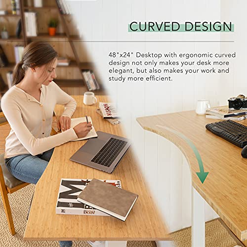 Image of FlexiSpot E6 Bamboo 3-Stage Dual Motor Electric Standing Desk 48 x 24 Sit Stand Up Desk, Holds 220 lbs, Adjustable Height w / Memory Presets, Solid Bamboo Curved Desktop & White Frame, Ships in 2 Boxes