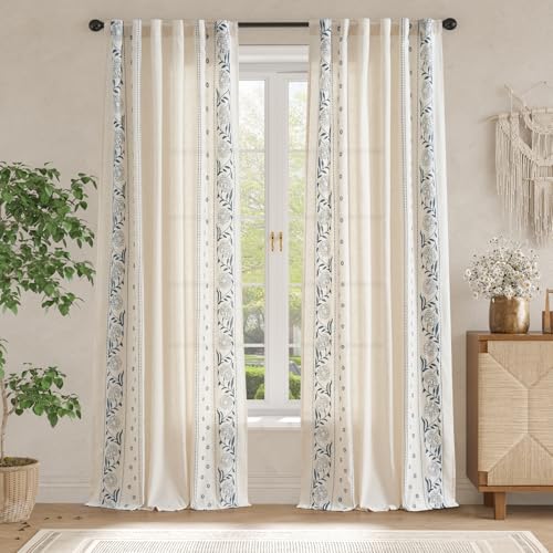 Image of jinchan Blue Floral Linen Curtains for Living Room 96 inch Back Tab 4 Panels