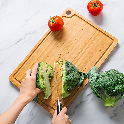SKY LIGHT Cutting Board, Organic Pre-Oiled Bamboo Chopping Board with Juice Groove for Meat, Cheese, Fruit & Vegetables, Kitchen Butcher Block with Hanging Hole, 100% Natural BPA Free -Medium