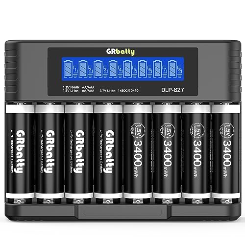 GRbatty Baterías AA de litio recargables con cargador, 3400 mWh 1.5 V de alta capacidad, 1500 ciclos, para el hogar, teléfonos inalámbricos, controles remotos, electrónica (paquete de 8)
