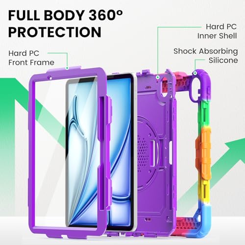 Image of SEYMAC Kids Case for iPad Air 11 Inch M4 / M3 / M2 (2026 /2025 / 2024), Heavy Duty Shockproof Protective Case with Screen Protector, Rotating Stand and Hand /Shoulder Strap, Colorful Purple