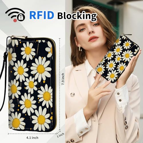 Women's Wallets,PU Leather Wristlet Wallet for Women,Card Holder Organizer Ladies Clutch with Zipper & Phone Holder-White Daisies2