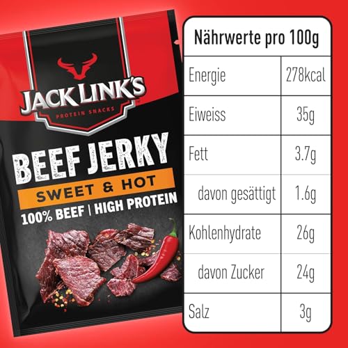 Jack Links Beef Jerky Sweet & Hot – 12er Pack (12 x 60g) – Trockenfleisch Eiweiß Snacks - High Protein Snack für Gym, Fitness, Outdoor - American Food für Menschen - Dörrfleisch Chips aus Rind Fleisch