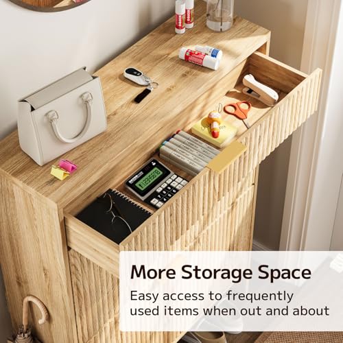 Image of Fluted Shoe Cabinet Storage with 2 Flip Drawers & 1 Drawers, Wood Narrow Hidden Shoe Cabinet with Adjustable Shelf for Entryway, Freestanding Slim Shoe Rack Organizer for Foyer Hallway Living Room