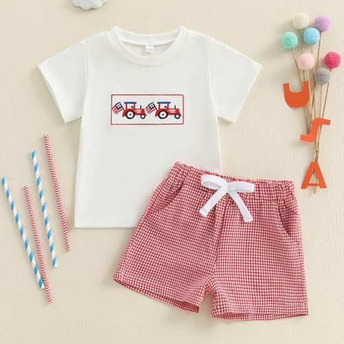 Image of Kayotuas Fourth Of July Toddler Boy Outfit Baby American Flag Clothes Patriotic Shirt Striped Gingham Shorts 2Pcs Summer Sets