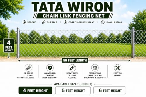 Image of Fencing Wire | Fencing Net| Heavy Duty Galvanized Chain Link Fencing Net | 4 Ft Height x 50 Ft Roll | 12 Gauge (2.5 mm) | 3 inchx3 inch Mesh | Farm, Garden, Boundary & Security Fencing Wire