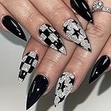 SINHOT Stiletto Press On Nails - Long Fake Nails with Silver Glitter & Black Glossy Finish - Almond Shape, Cute Star Design - 24 pcs
