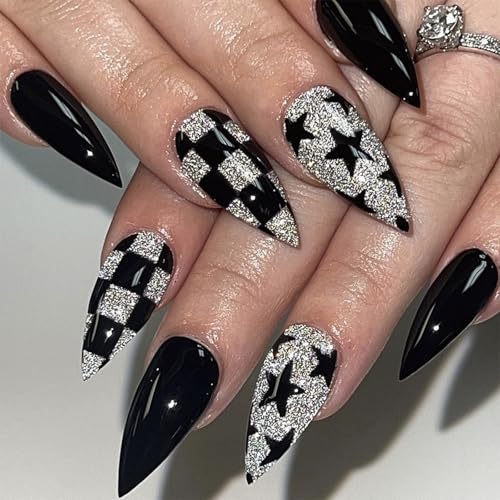 SINHOT Stiletto Press On Nails - Long Fake Nails with Silver Glitter & Black Glossy Finish - Almond Shape, Cute Star Design - 24 pcs